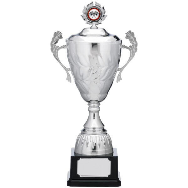 Silver-plated lidded presentation cup trophy with removable lid featuring racing flag medallion, decorative laurel handles and black marble base