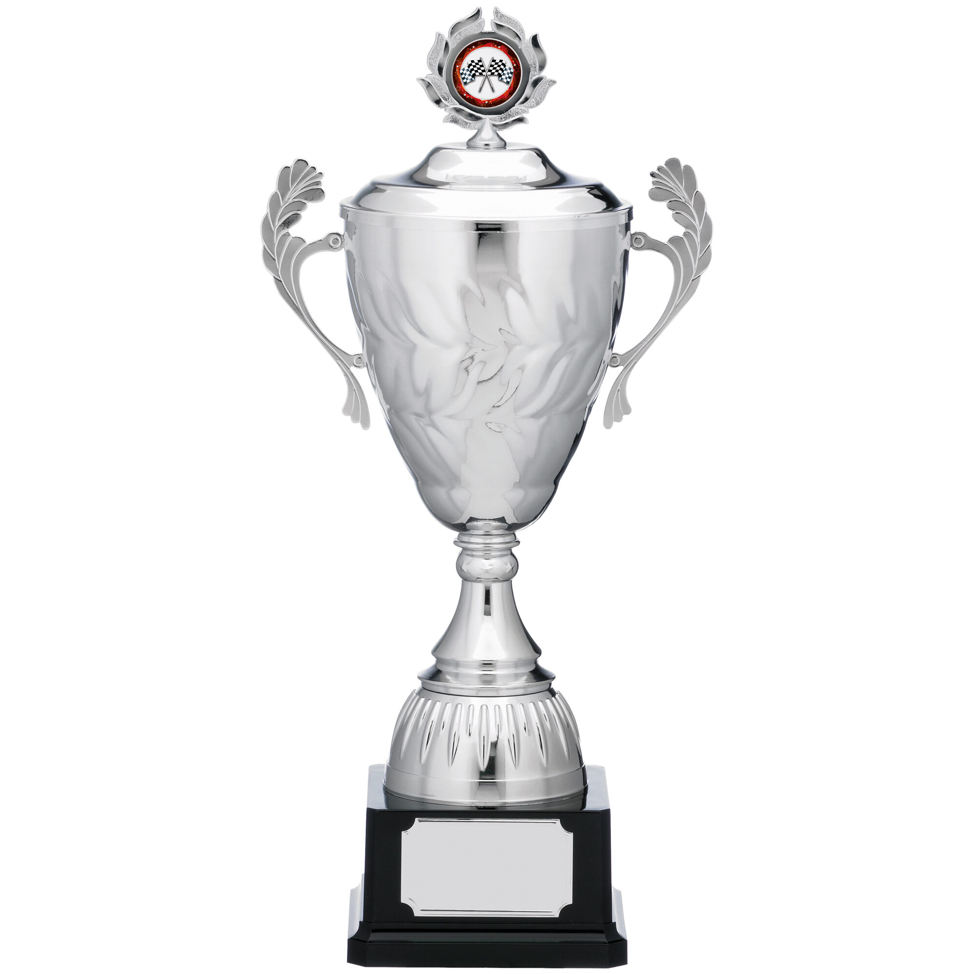 Silver-plated lidded presentation cup trophy with removable lid featuring racing flag medallion, decorative laurel handles and black marble base