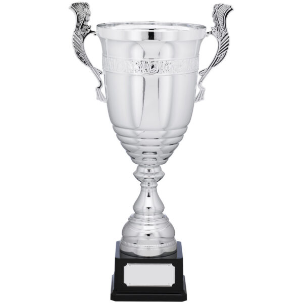 Nickel-plated presentation cup trophy with distinctive wing-shaped handles, decorative embossed band, stepped base and black marble platform with engraving plate