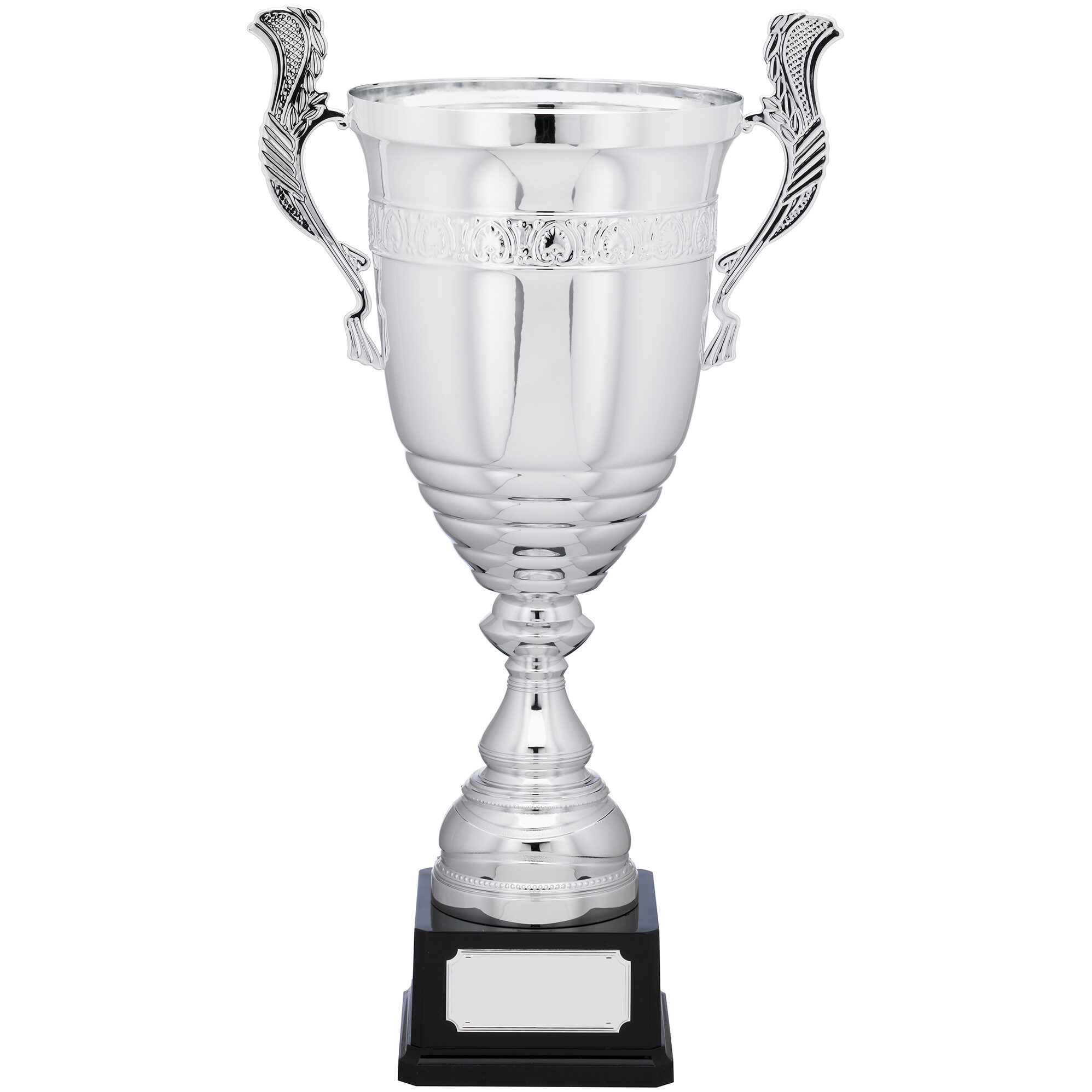 Nickel-plated presentation cup trophy with distinctive wing-shaped handles, decorative embossed band, stepped base and black marble platform with engraving plate