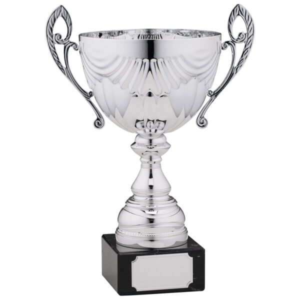 Silver-plated trophy cup with ornate rope-twist handles, fluted bowl with decorative swag detailing, stepped pedestal base and black marble platform