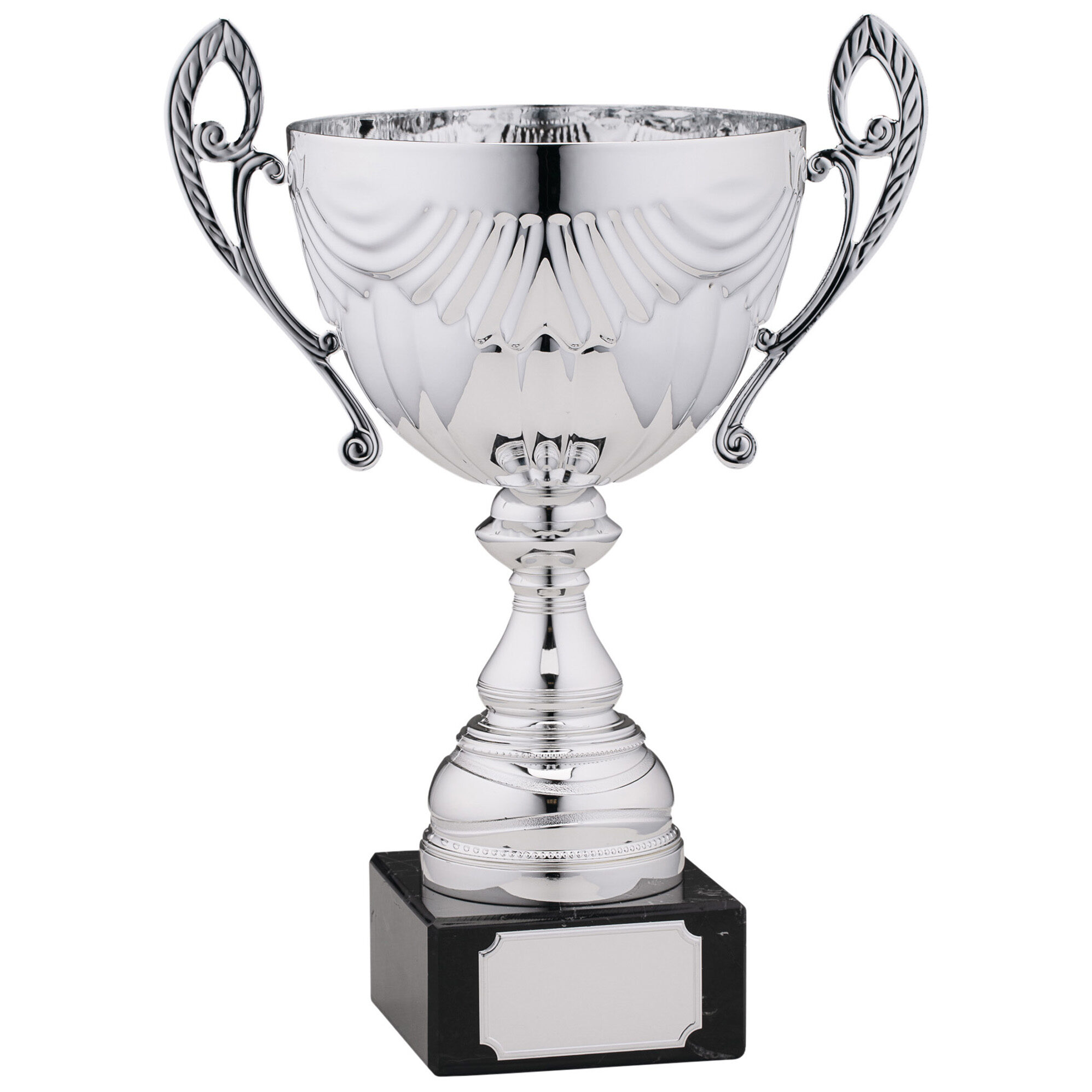 Silver-plated trophy cup with ornate rope-twist handles, fluted bowl with decorative swag detailing, stepped pedestal base and black marble platform