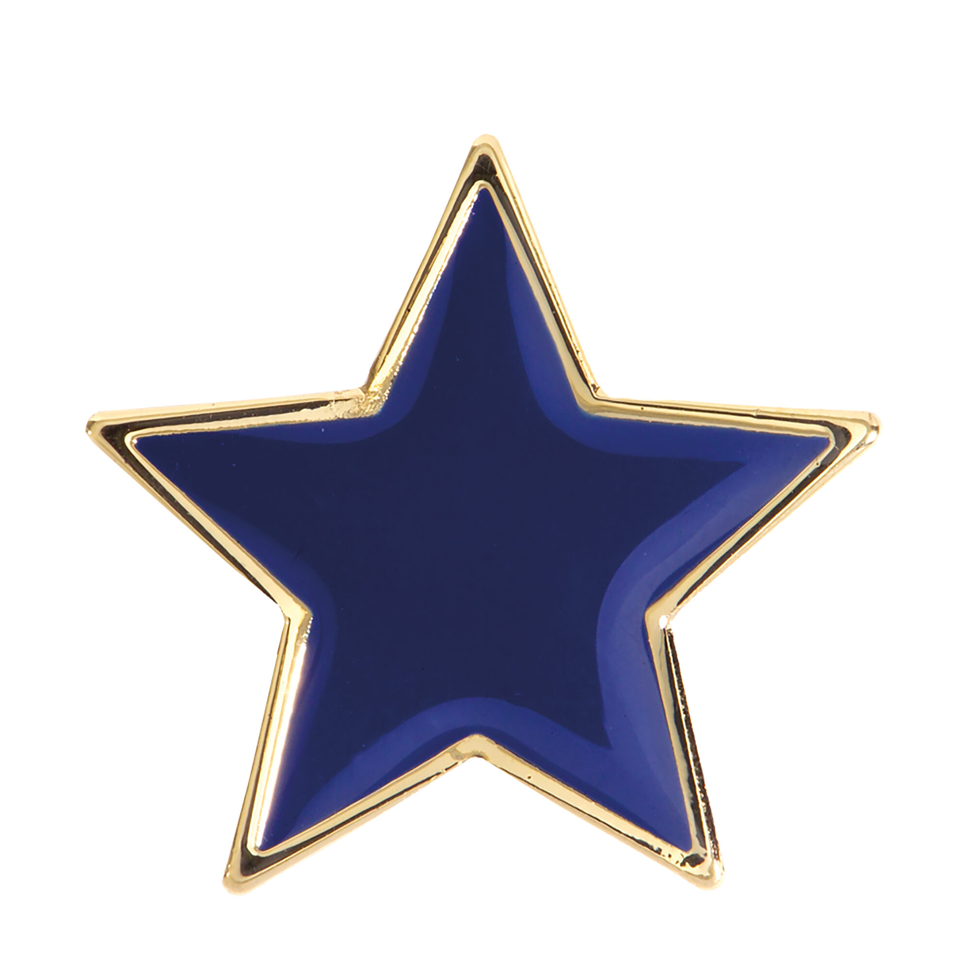 Blue star-shaped enamel badge with five points, deep blue enamel fill and polished gold-tone metal border with pin fastening