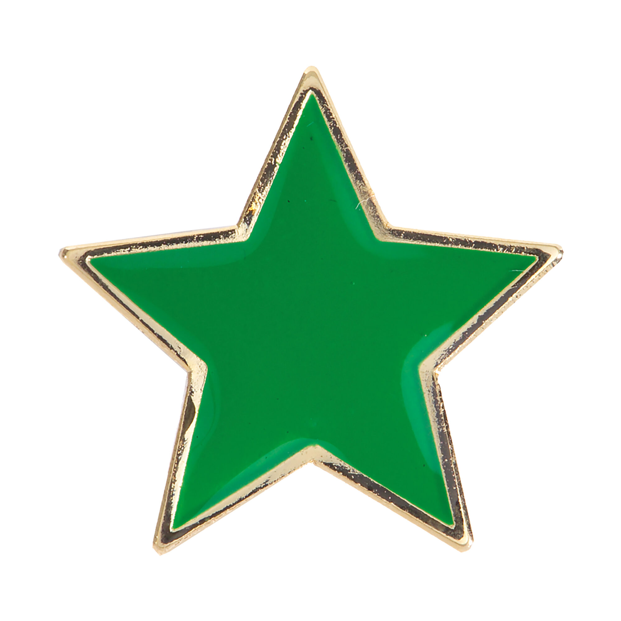 Green star-shaped enamel badge with five points, bright green enamel fill and polished gold-tone metal border with secure pin attachment
