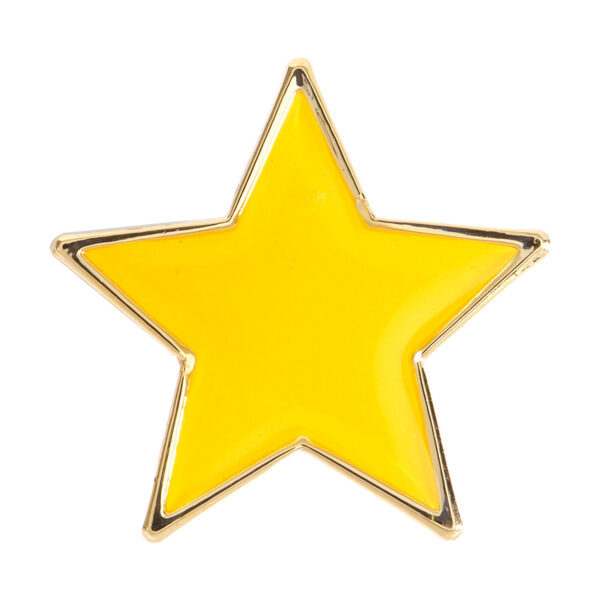 Yellow enamel star badge with polished gold metal border and secure pin fastening, five-pointed star design on white background