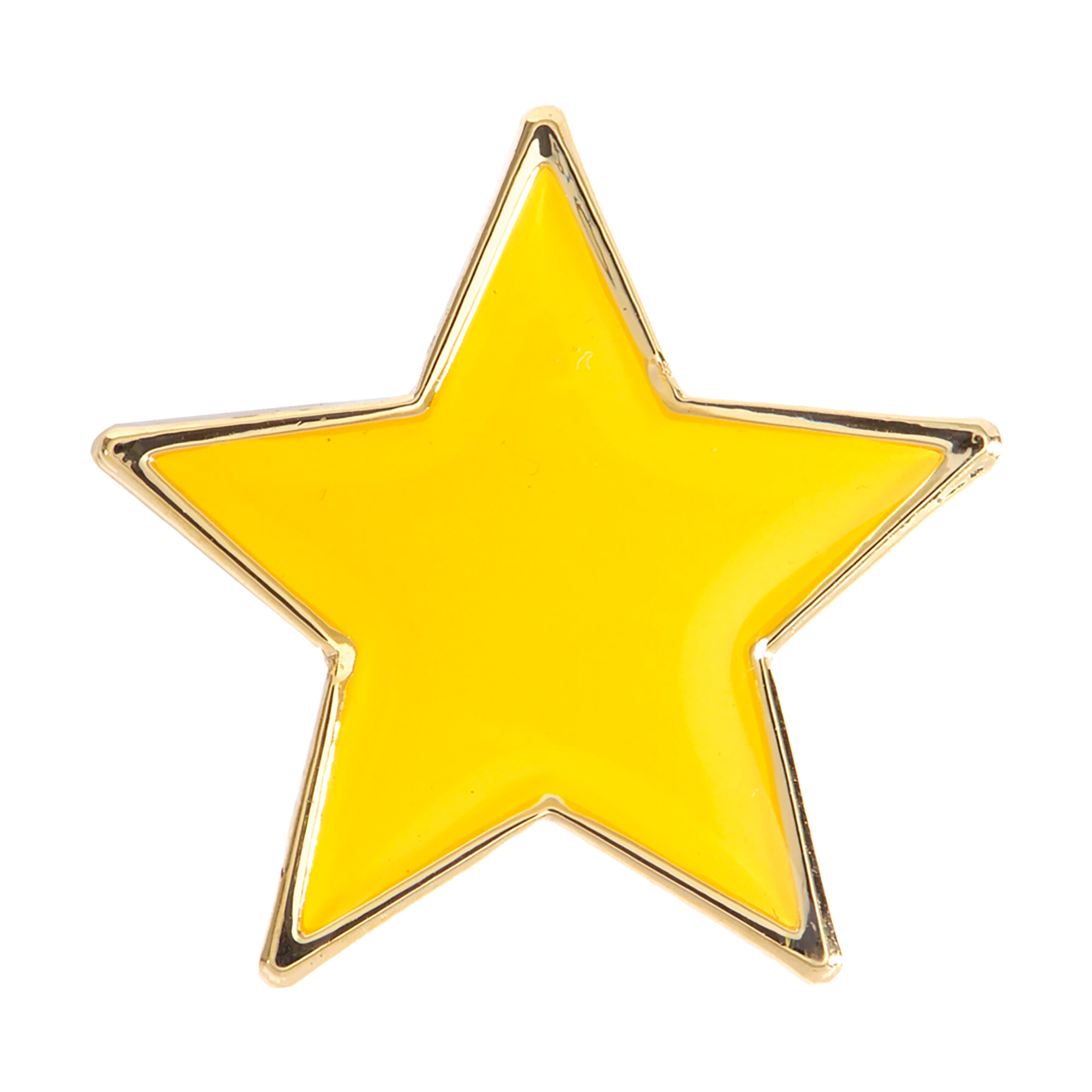 Yellow enamel star badge with polished gold metal border and secure pin fastening, five-pointed star design on white background