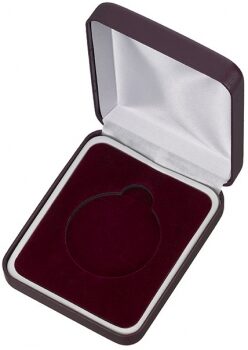 Open maroon leatherette medal presentation box showing white satin padded interior with circular foam insert for secure medal display and presentation