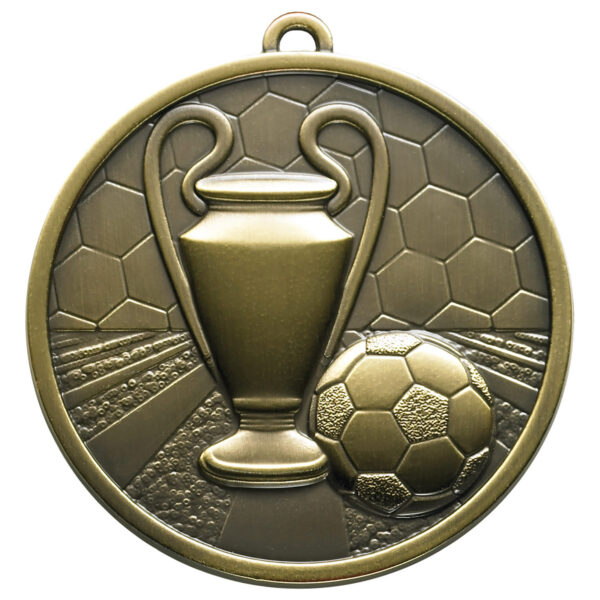 Silver-tone football medal with raised relief design featuring central trophy cup with handles and football, set against hexagonal pattern background, showing hanging loop at top