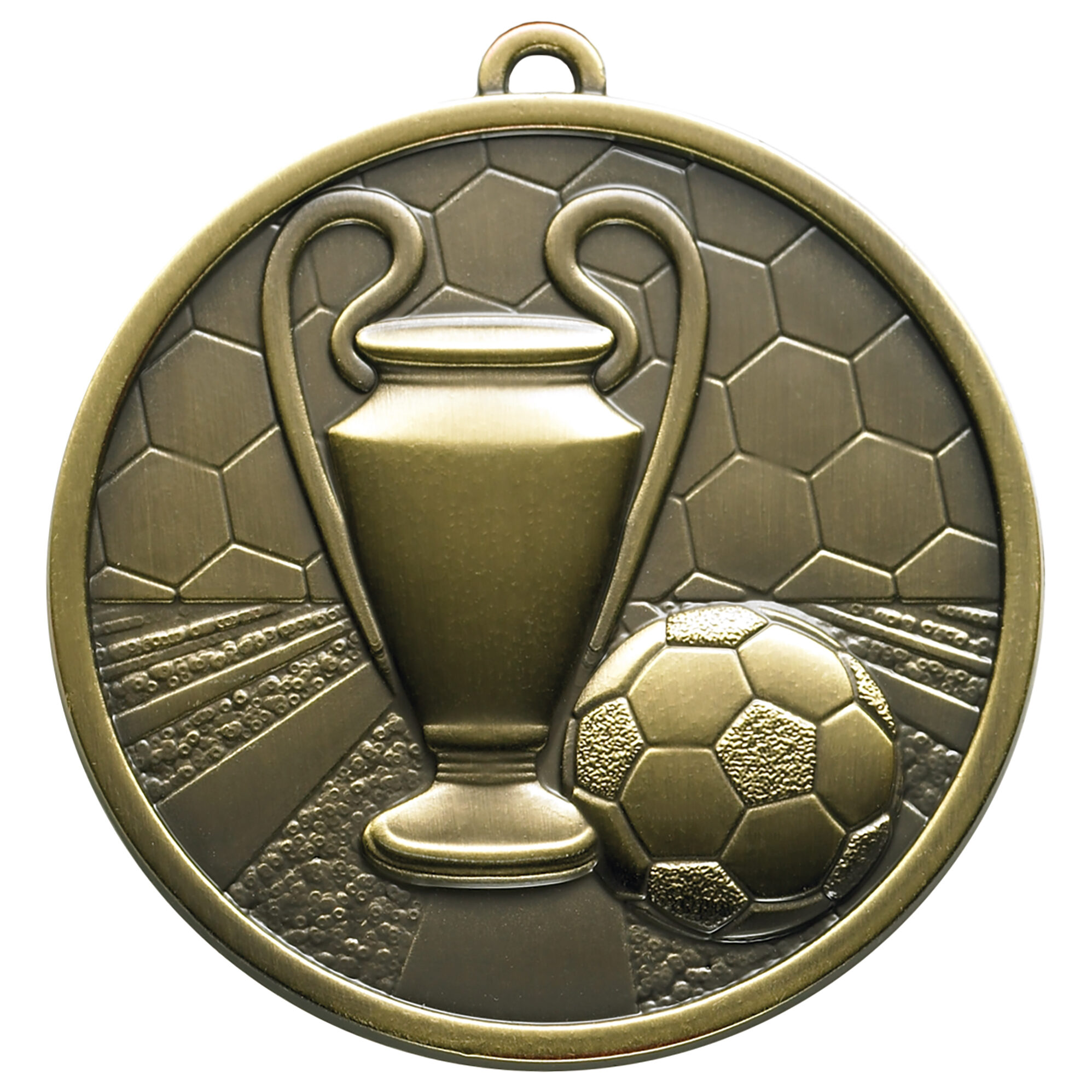 Silver-tone football medal with raised relief design featuring central trophy cup with handles and football, set against hexagonal pattern background, showing hanging loop at top