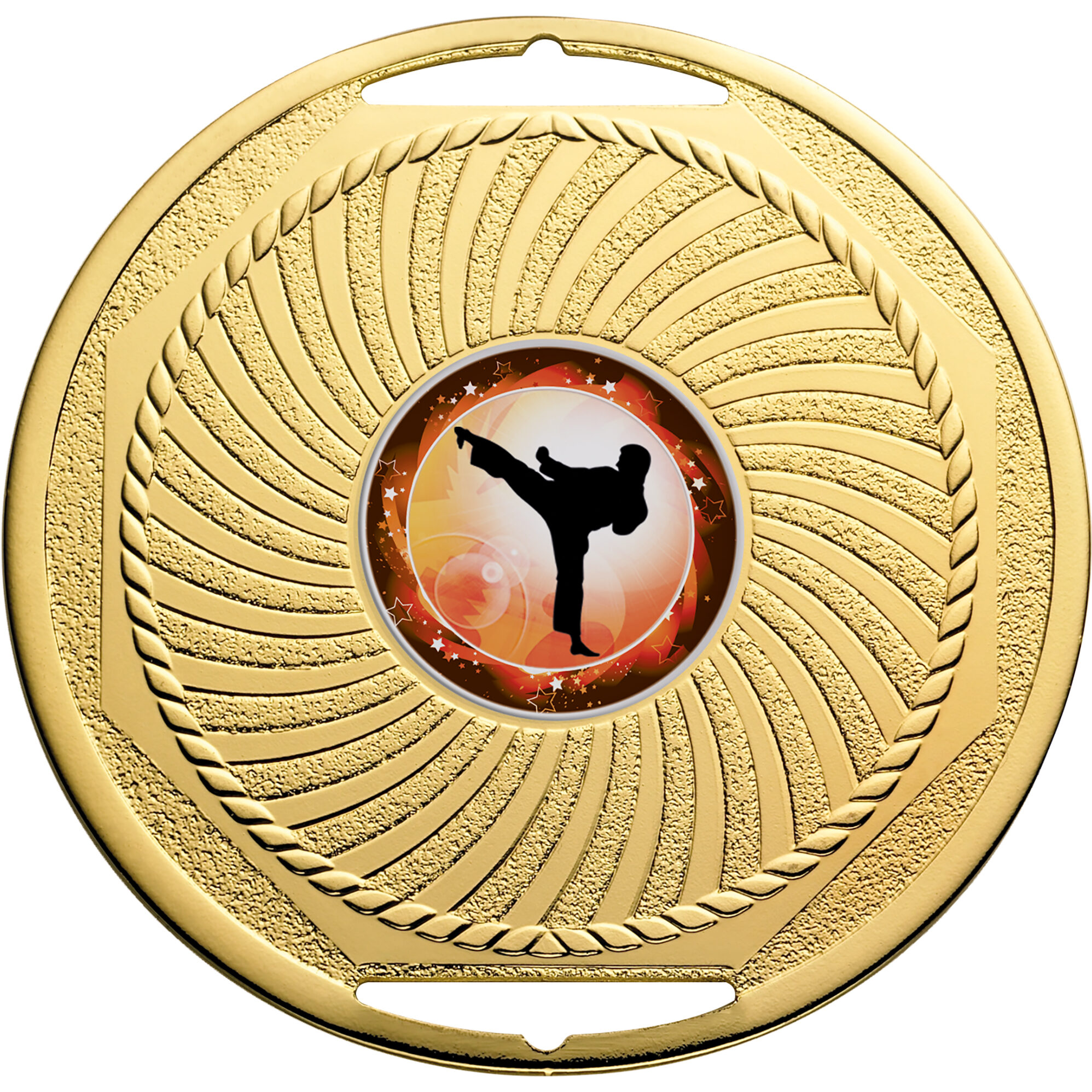 Large 70mm gold-tone medal with radiating swirl pattern and colour centre insert showing silhouette of martial artist performing high kick, with dual ribbon hanging slots