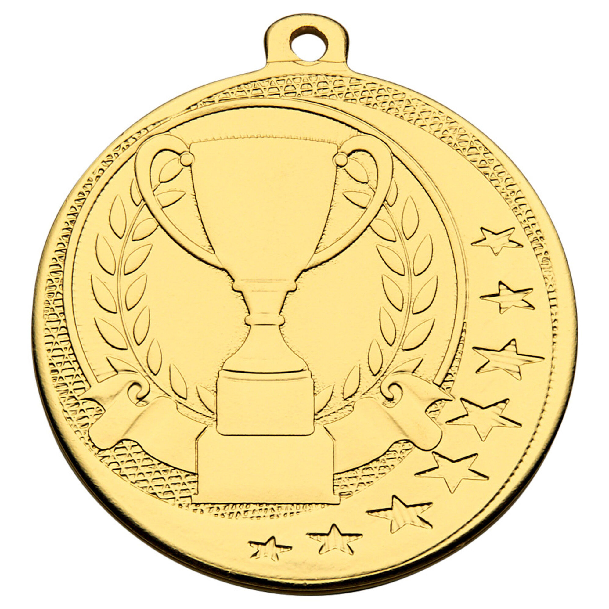 Gold coloured medal with embossed trophy cup in centre, surrounded by decorative laurel wreaths and stars around the border, with hanging loop at top