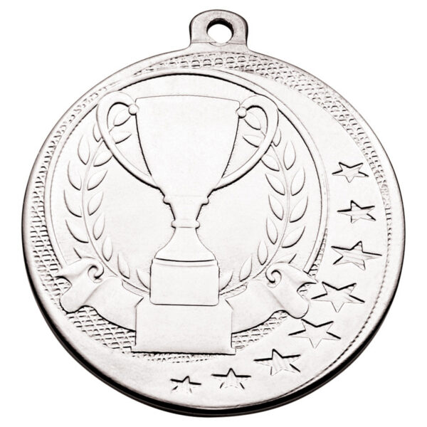 Silver coloured medal featuring raised trophy cup design in centre with decorative laurel wreath border and star pattern details, showing hanging loop at top