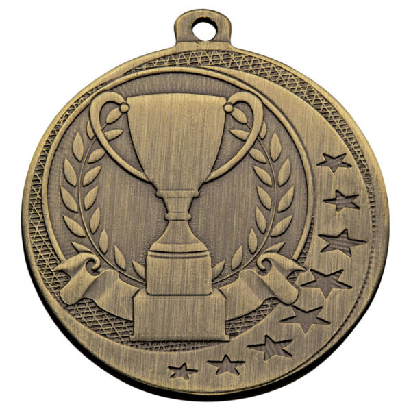 Bronze coloured medal with antique finish showing embossed trophy cup in centre, surrounded by laurel wreath border and decorative stars, with hanging loop visible at top