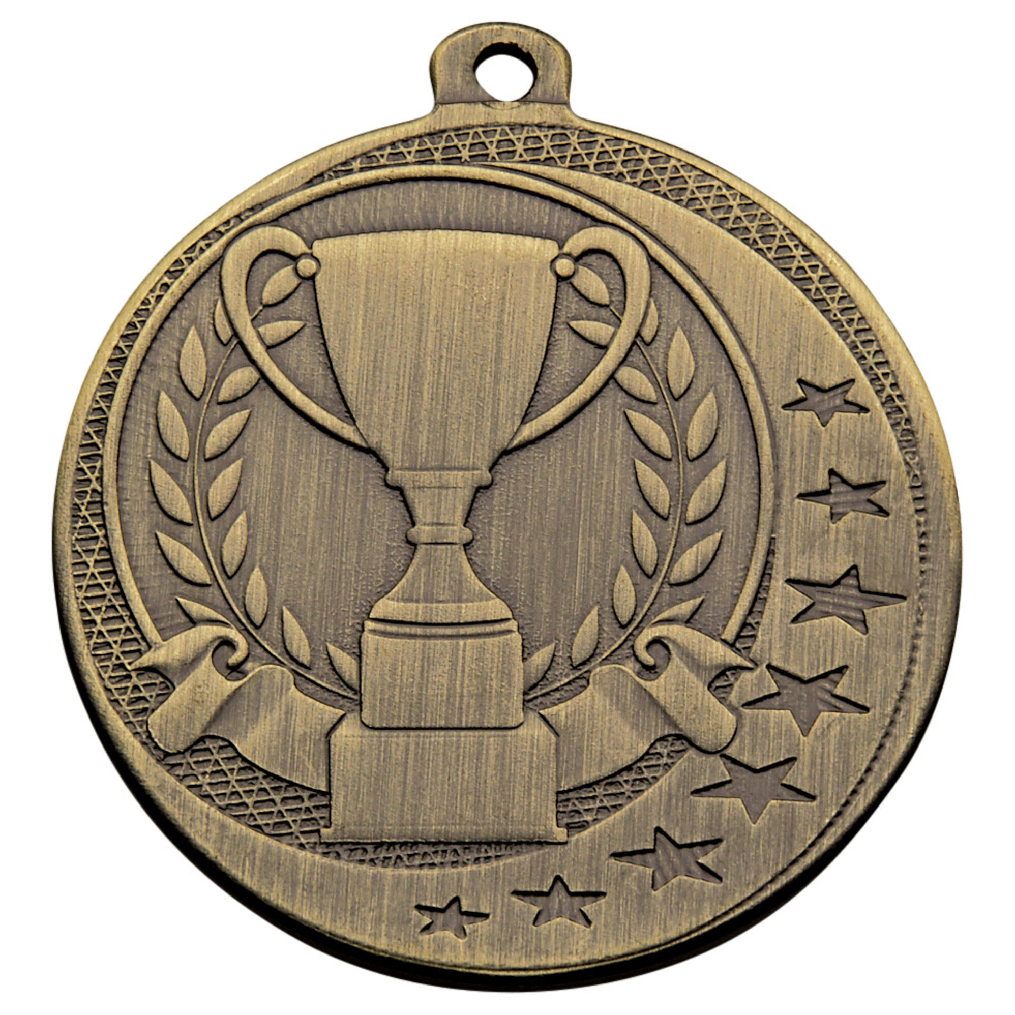 Bronze coloured medal with antique finish showing embossed trophy cup in centre, surrounded by laurel wreath border and decorative stars, with hanging loop visible at top