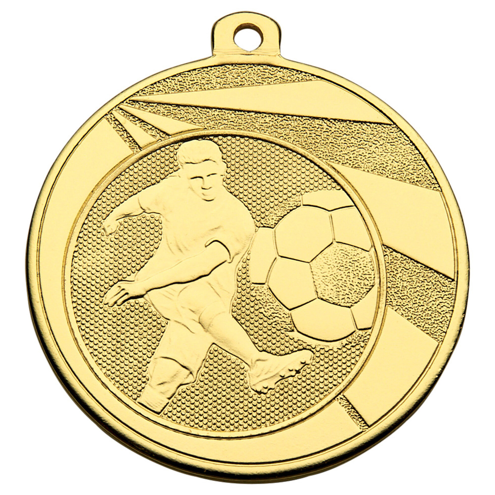 Bronze finished football medal displaying embossed soccer player with ball against textured background pattern and hanging loop attachment