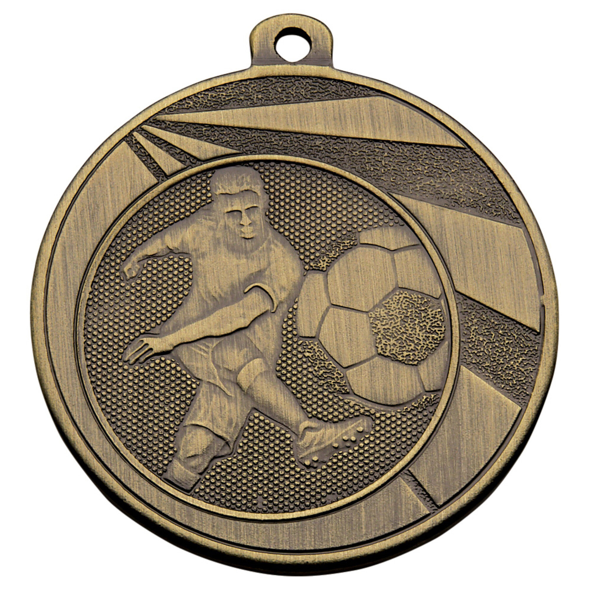 Silver finished football medal showing detailed embossed soccer player kicking ball with textured geometric background and standard hanging loop