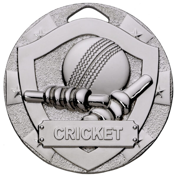 Modern hexagonal silver cricket medal with textured finish, featuring detailed bat and ball relief design and CRICKET text panel in contemporary multi-layered styling