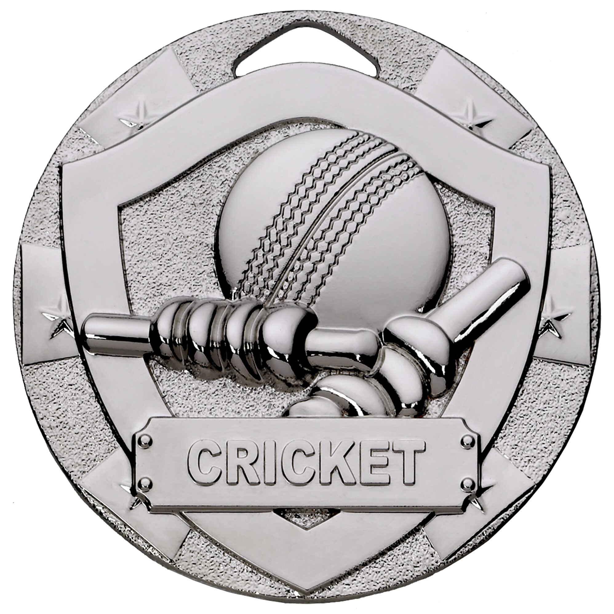 Modern hexagonal silver cricket medal with textured finish, featuring detailed bat and ball relief design and CRICKET text panel in contemporary multi-layered styling
