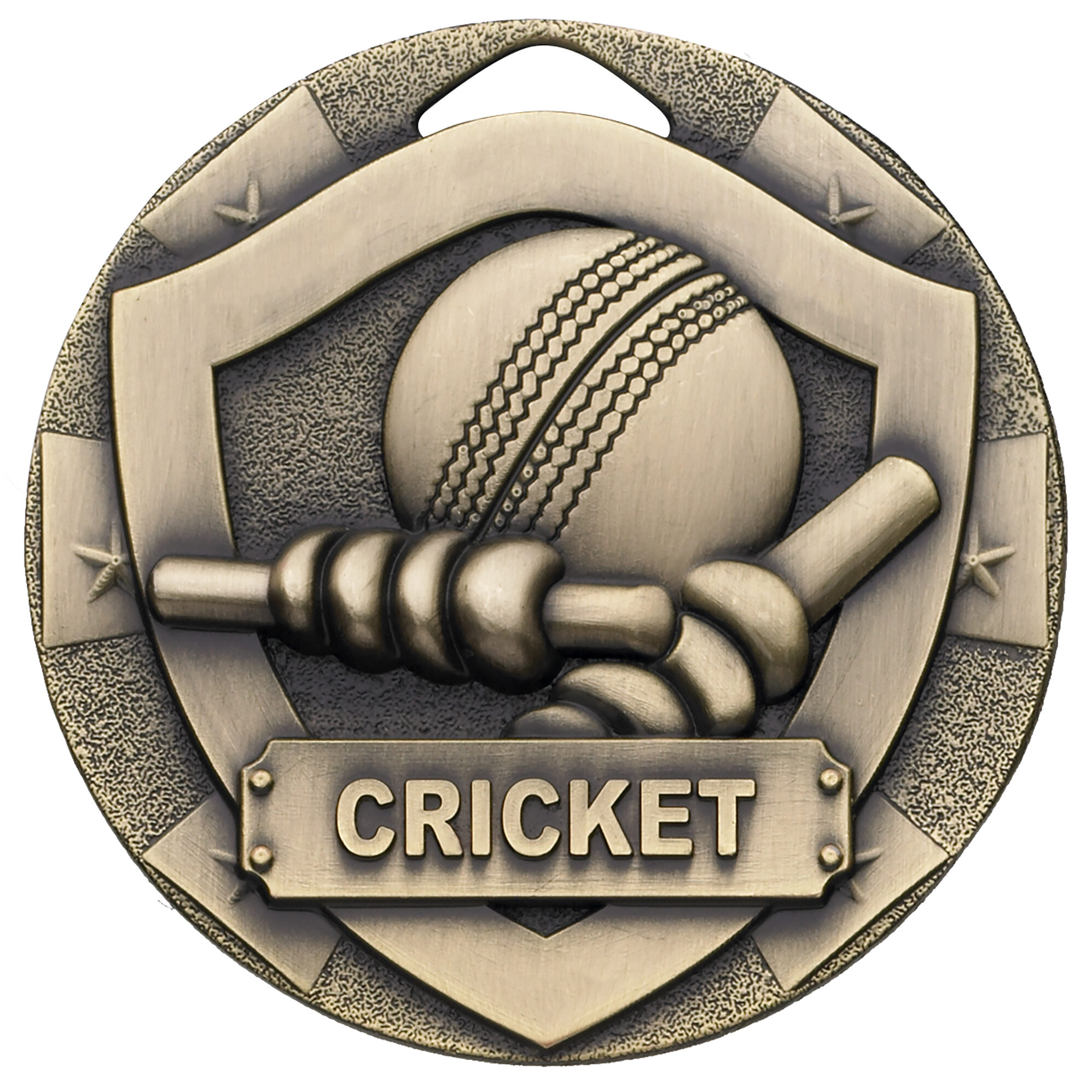 50mm cricket shield medal in antique gold finish showing detailed cricket ball with seam markings, wooden stumps with bails, decorative stars around border and CRICKET text banner