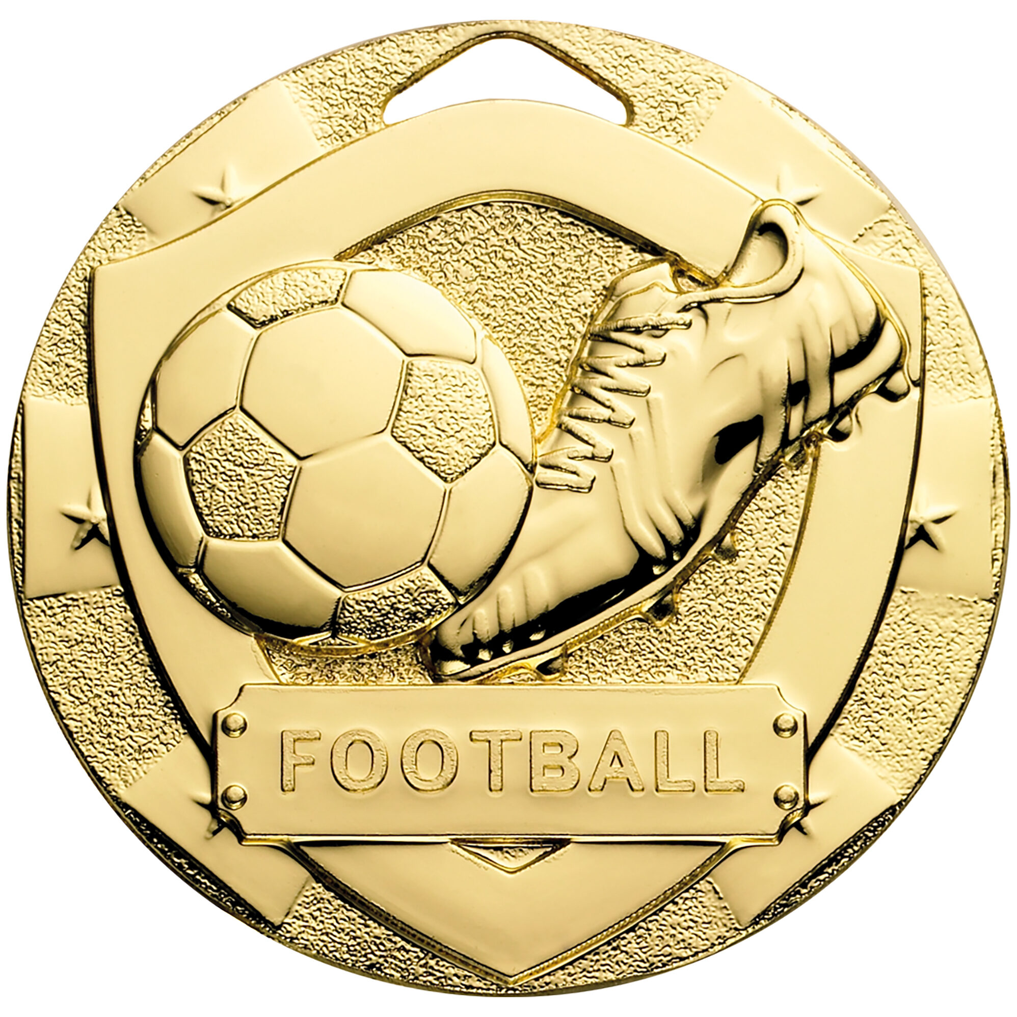 50mm football shield medal in brilliant gold finish featuring detailed football with panels, realistic football boot with laces, decorative stars and FOOTBALL text banner