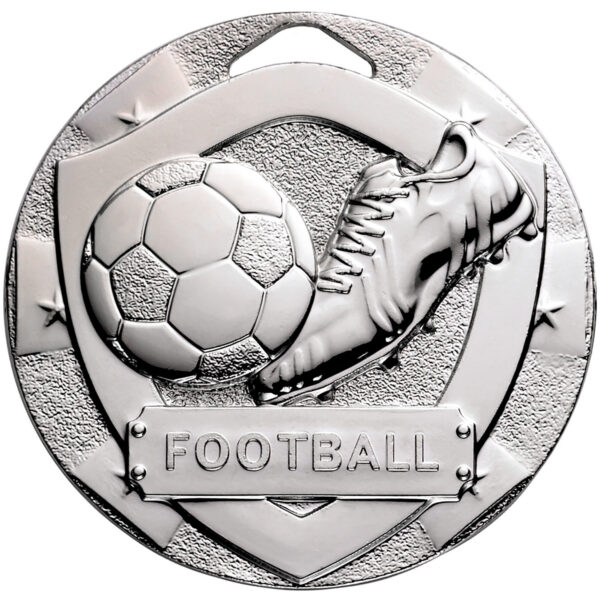 50mm football shield medal in elegant silver finish showing detailed football with traditional panels, football boot with laces, decorative stars around border and FOOTBALL text banner