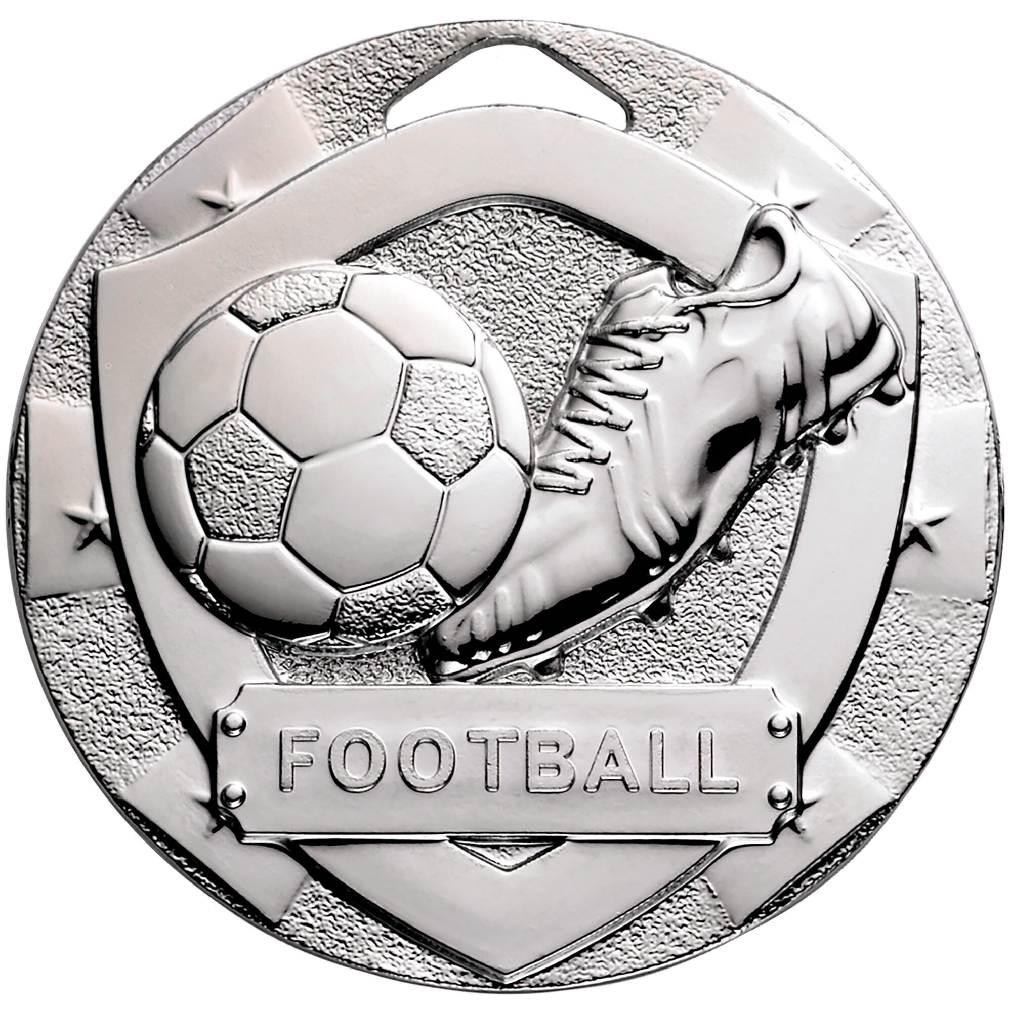 50mm football shield medal in elegant silver finish showing detailed football with traditional panels, football boot with laces, decorative stars around border and FOOTBALL text banner