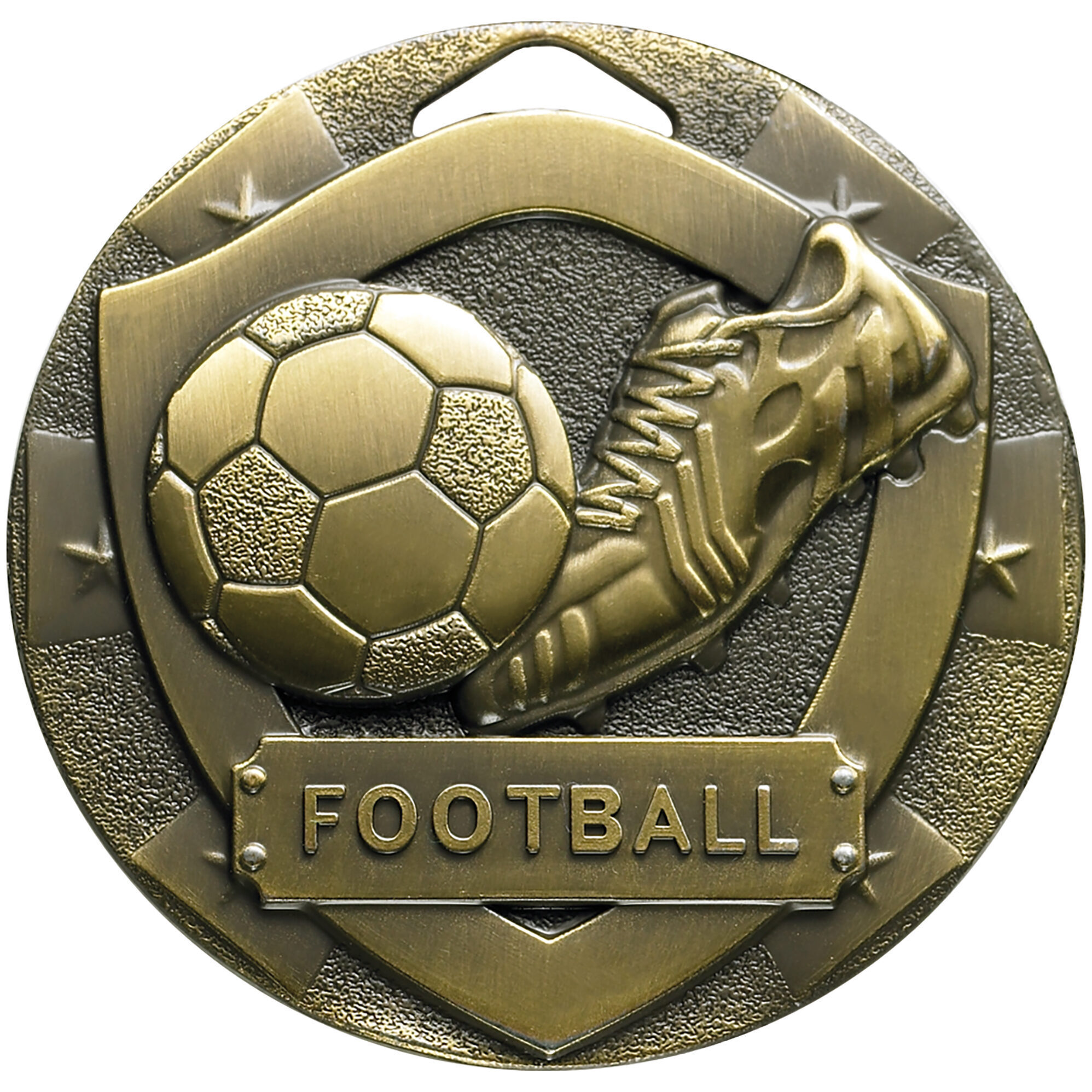 50mm football shield medal in antique gold finish featuring detailed football with traditional panels, football boot with visible laces and studs, decorative stars and FOOTBALL text banner