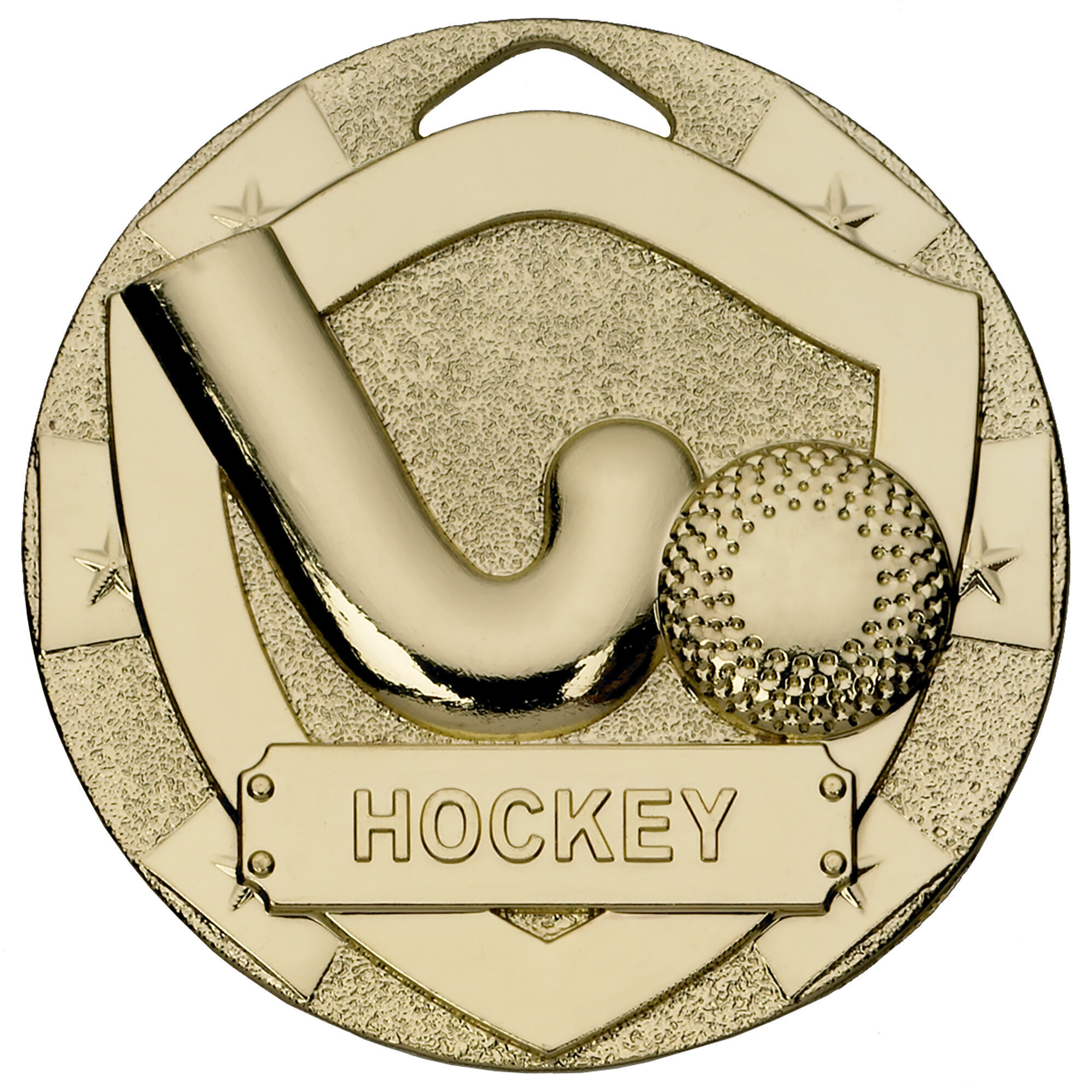 Gold 50mm hockey medal with raised hockey stick and ball design within shield frame, featuring textured background and HOCKEY text engraving