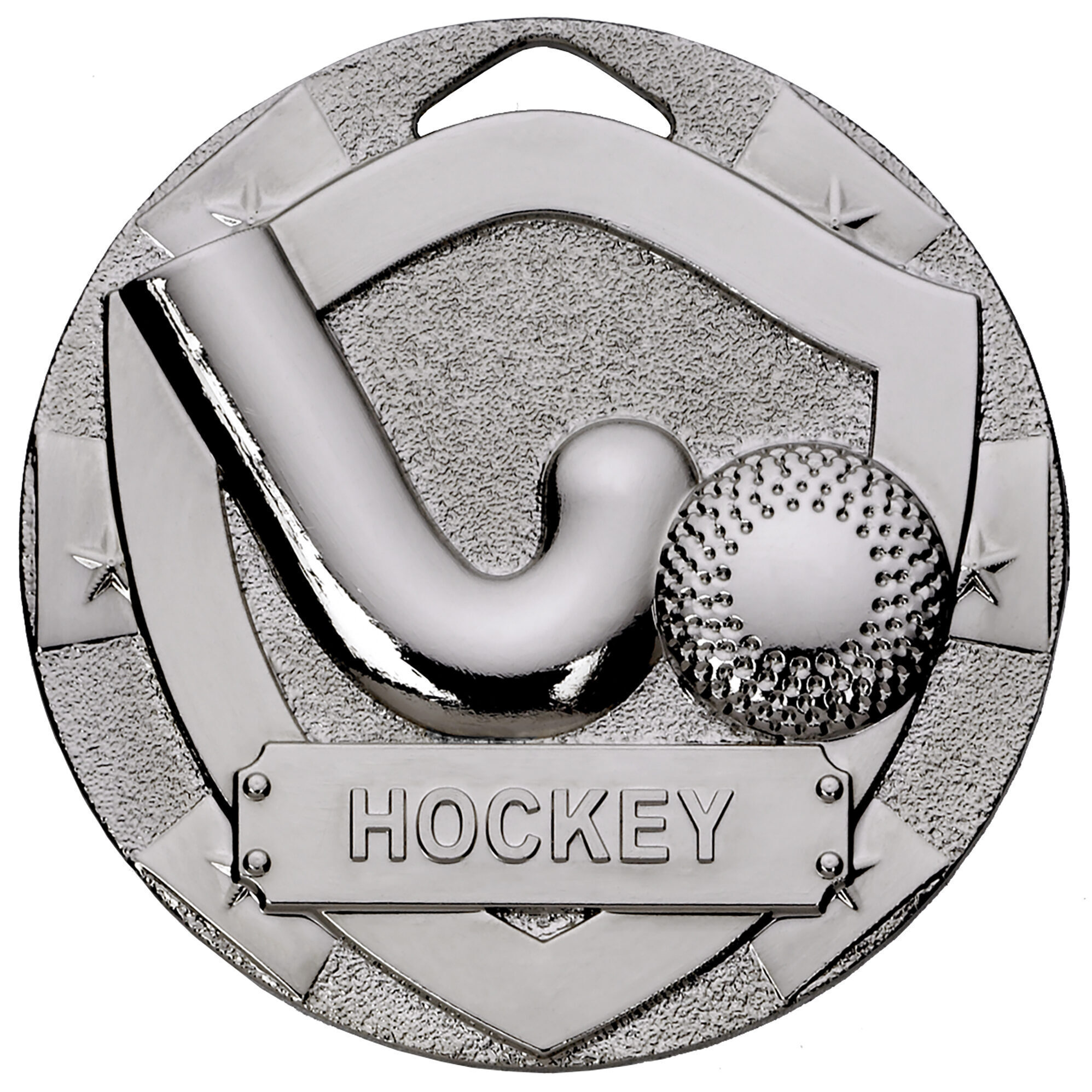 Silver 50mm hockey medal featuring raised hockey stick and ball design within shield frame, with textured background and HOCKEY text inscription