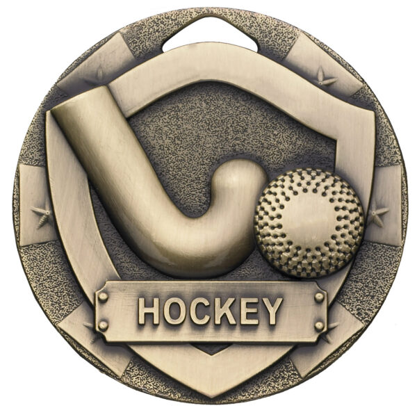 Bronze 50mm hockey medal with raised hockey stick and ball design in shield frame, featuring rich bronze finish and textured background with HOCKEY inscription