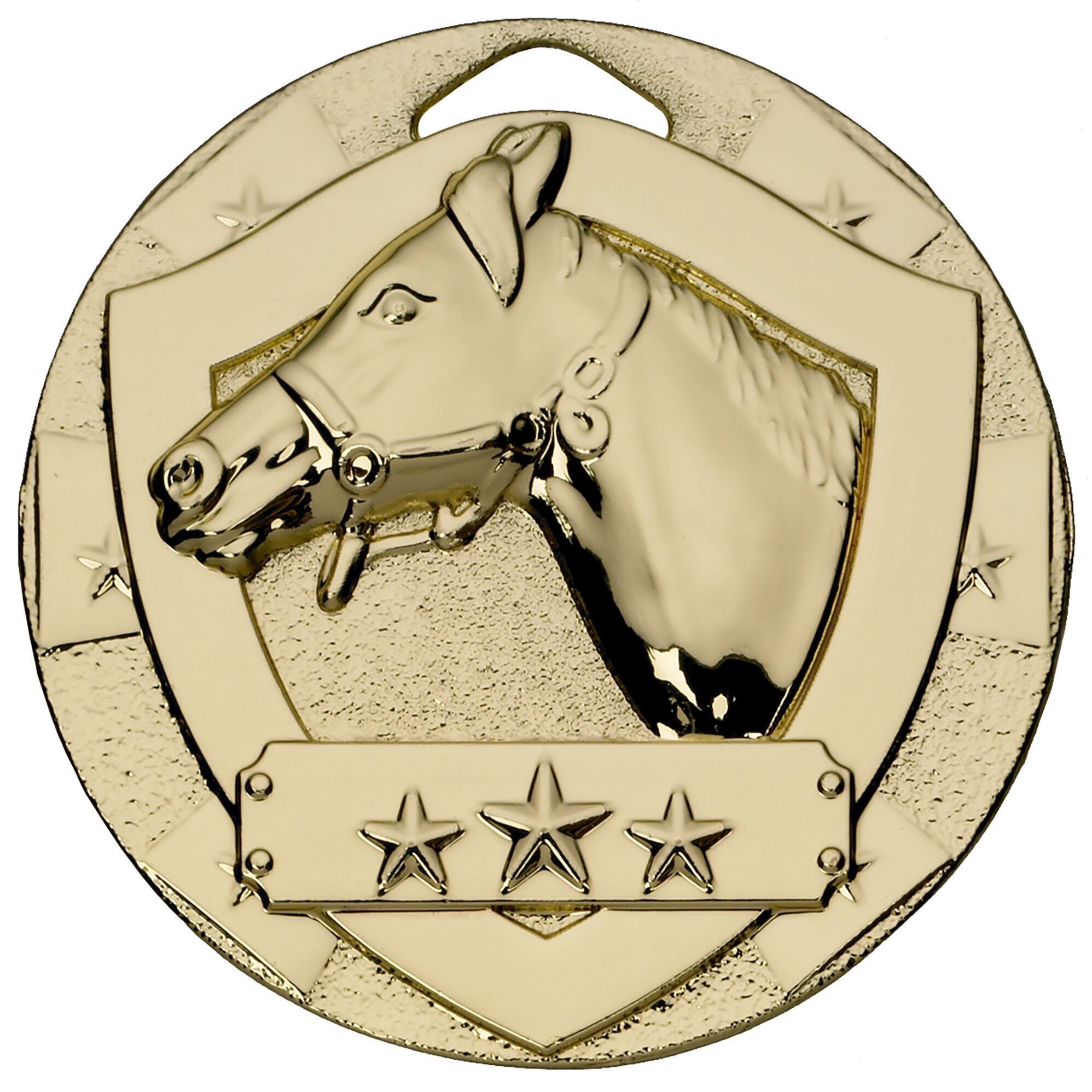 Gold 50mm equestrian medal featuring detailed horse head profile with bridle within shield frame, decorated with three stars and premium gold finish