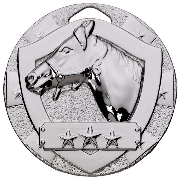 Silver 50mm equestrian medal featuring detailed relief of horse head with bridle, three-star emblem on shield design with textured background and ribbon fitting