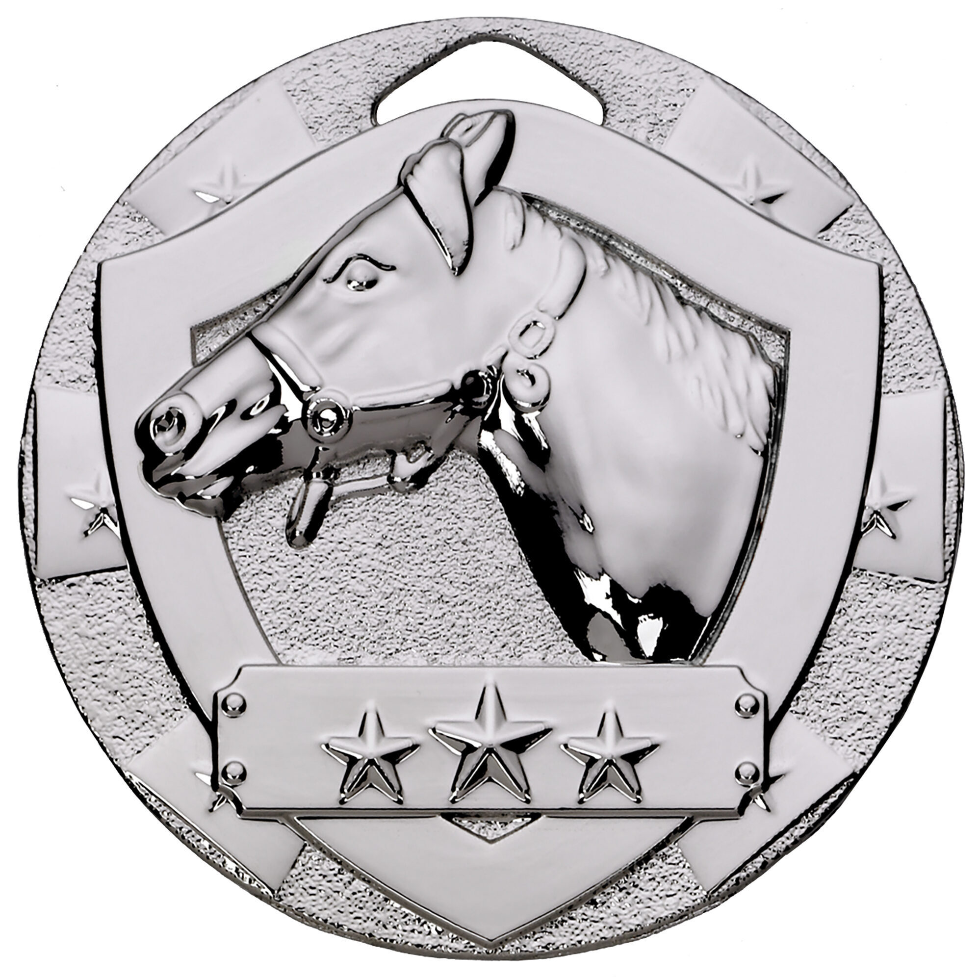 Silver 50mm equestrian medal featuring detailed relief of horse head with bridle, three-star emblem on shield design with textured background and ribbon fitting