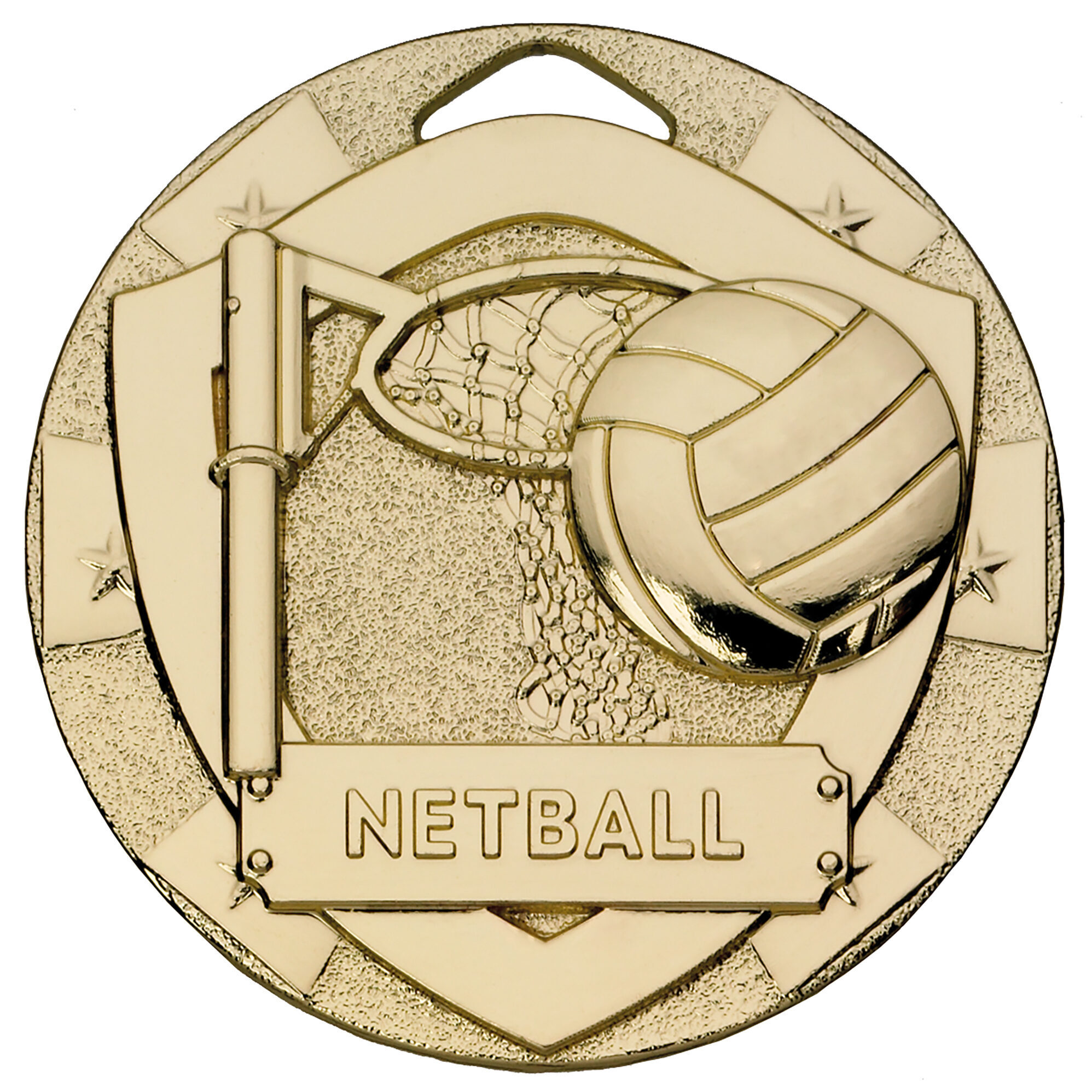 Gold 50mm netball medal with detailed relief showing netball post, regulation net with flowing pattern, and netball ball, finished in premium gold with textured background