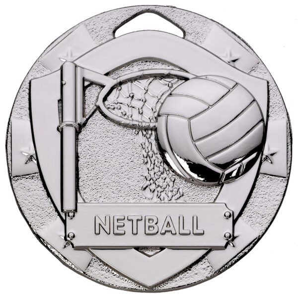 Silver 50mm netball medal featuring detailed netball post with flowing net pattern and netball ball in high relief, finished in classic silver with decorative border