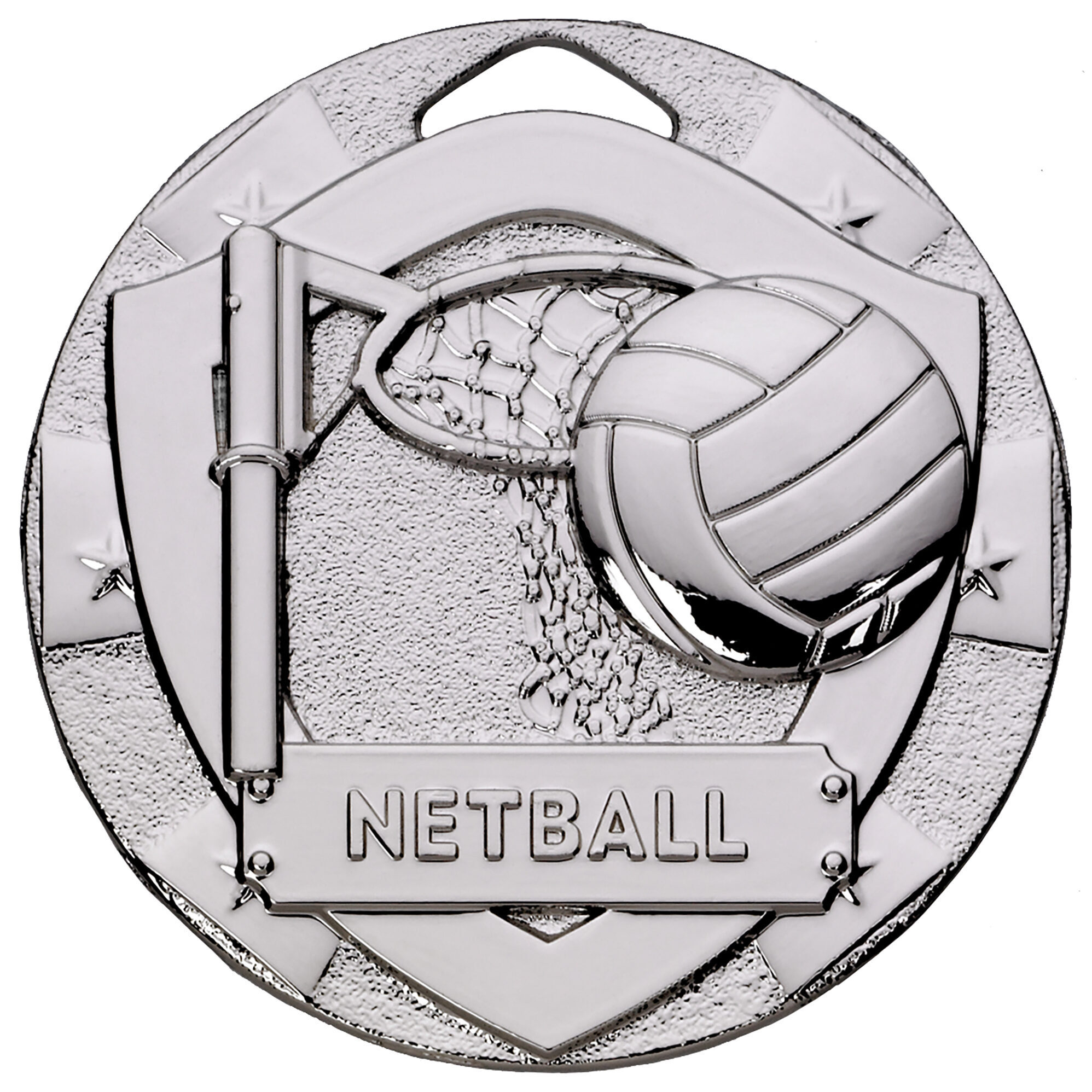 Silver 50mm netball medal featuring detailed netball post with flowing net pattern and netball ball in high relief, finished in classic silver with decorative border