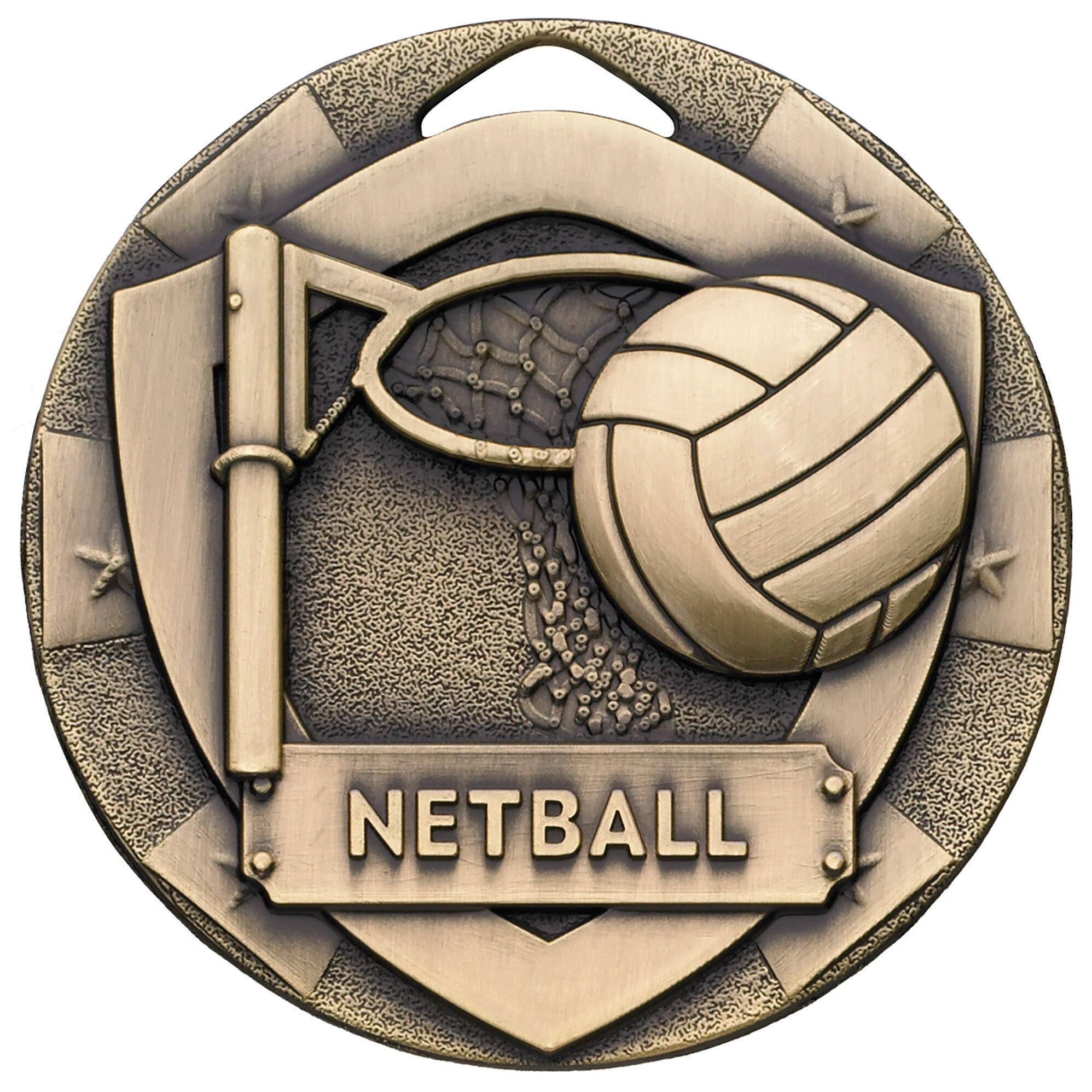 Bronze 50mm netball medal with raised relief design showing netball post, detailed flowing net pattern and netball ball, finished in warm bronze with textured surround