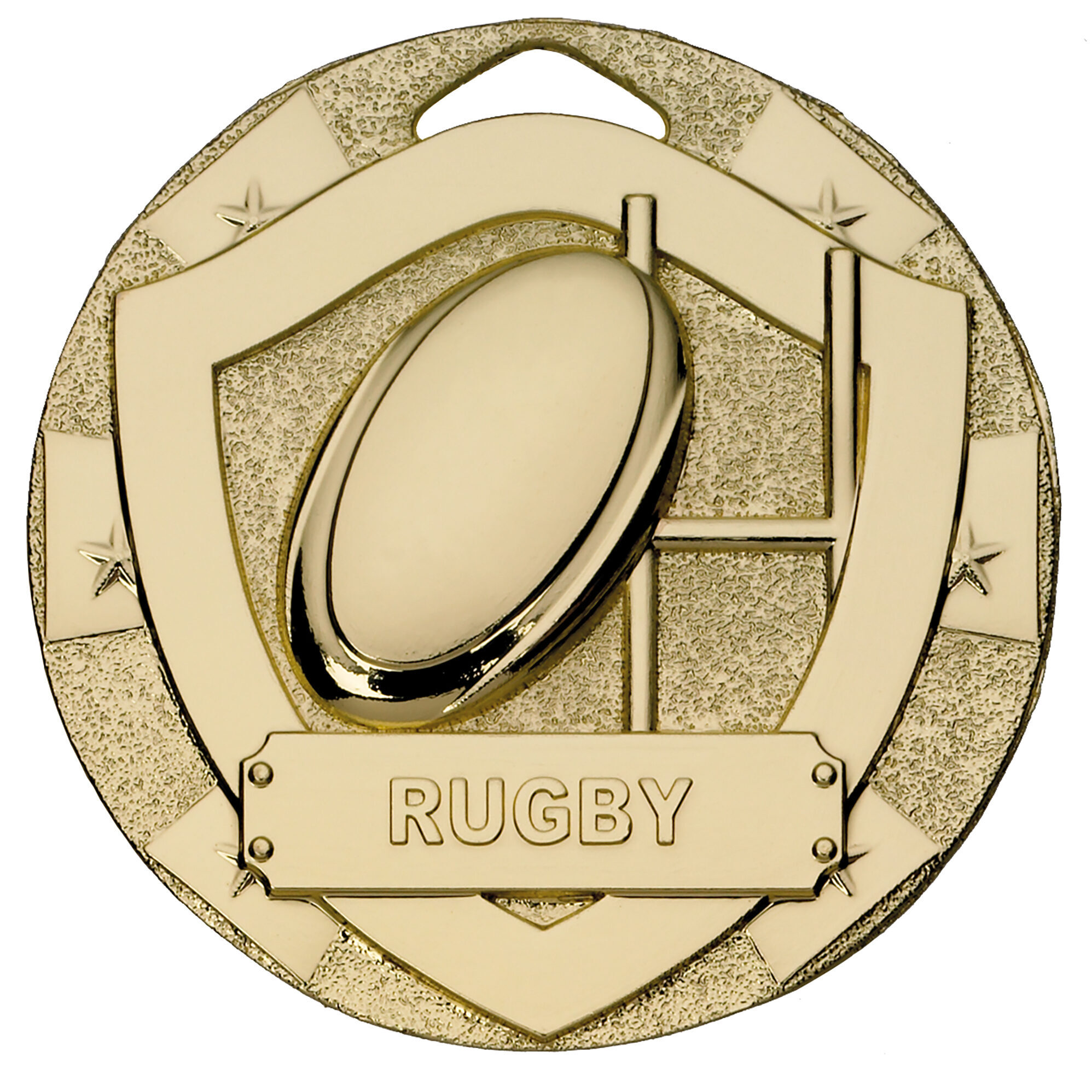 Gold finished 50mm rugby medal featuring raised rugby ball and goalpost design with decorative stars and RUGBY banner plaque on textured background