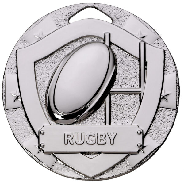 Silver finished 50mm rugby medal displaying raised rugby ball and goalpost motif with decorative stars and RUGBY banner plaque on textured background