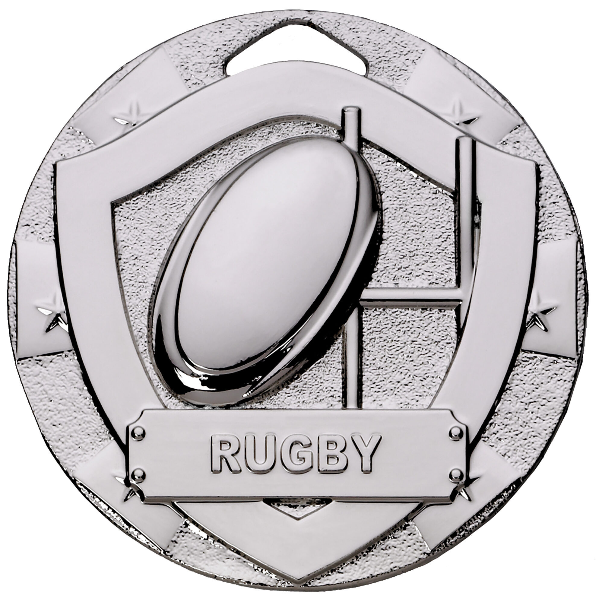 Silver finished 50mm rugby medal displaying raised rugby ball and goalpost motif with decorative stars and RUGBY banner plaque on textured background