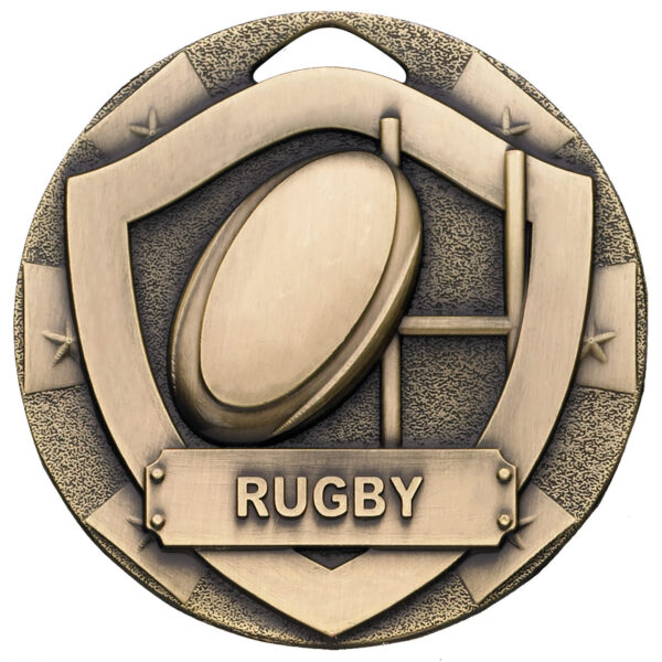 Bronze finished 50mm rugby medal with raised rugby ball and goalpost design, decorative stars and RUGBY banner plaque on detailed textured background