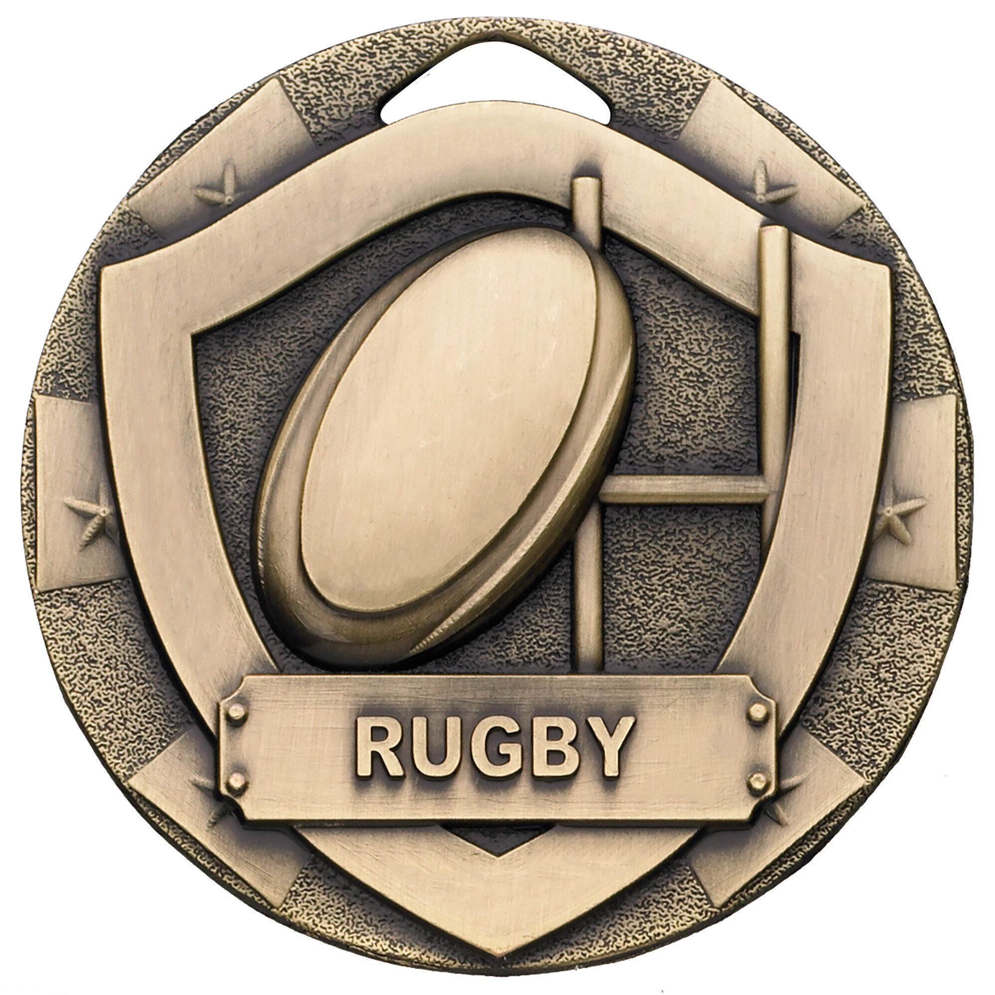 Bronze finished 50mm rugby medal with raised rugby ball and goalpost design, decorative stars and RUGBY banner plaque on detailed textured background