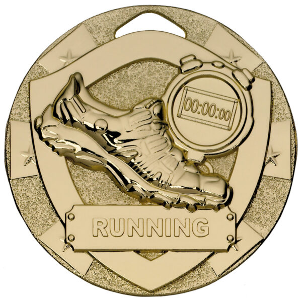 Gold finished 50mm running medal featuring raised running shoes and stopwatch design with decorative stars and RUNNING banner plaque on textured background