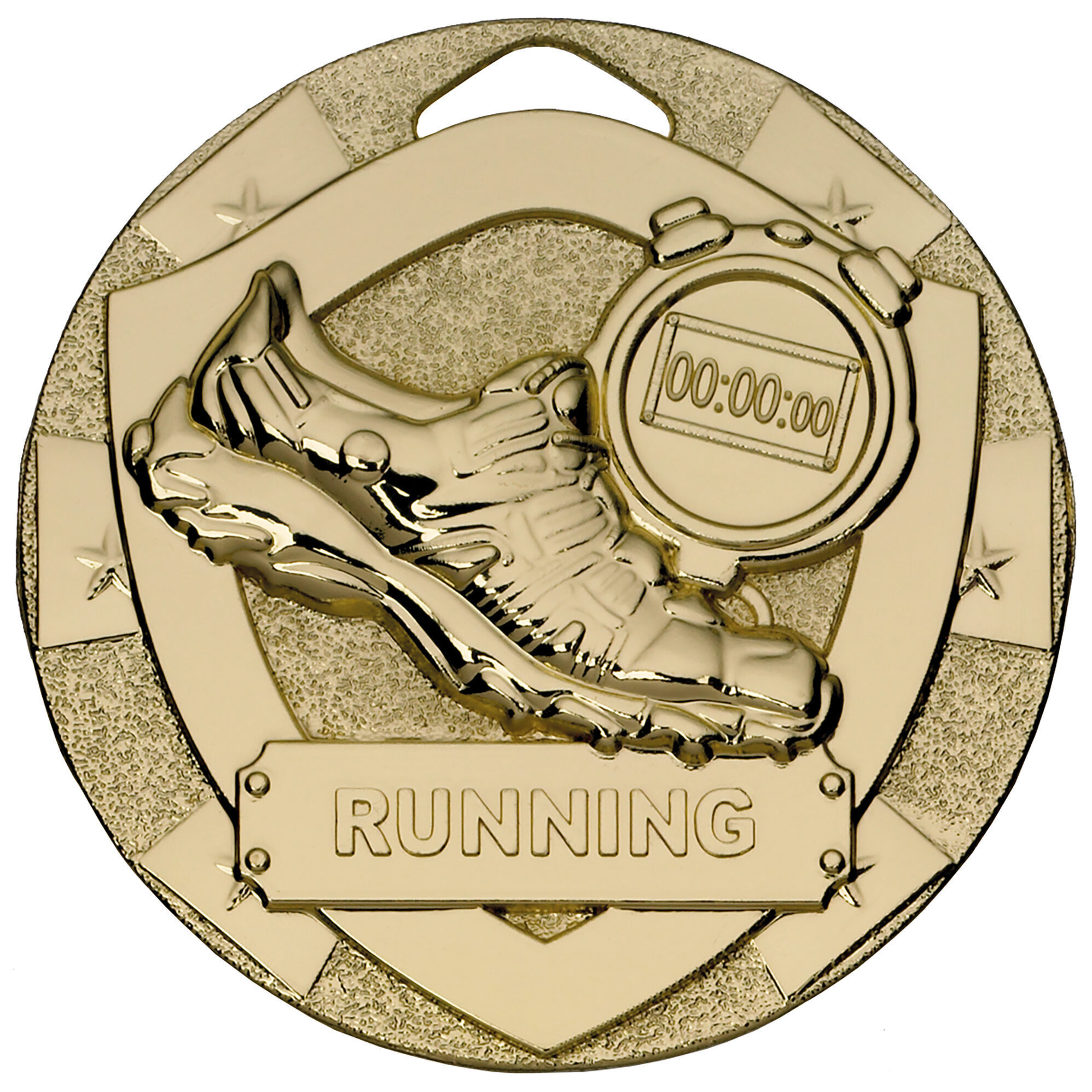 Gold finished 50mm running medal featuring raised running shoes and stopwatch design with decorative stars and RUNNING banner plaque on textured background