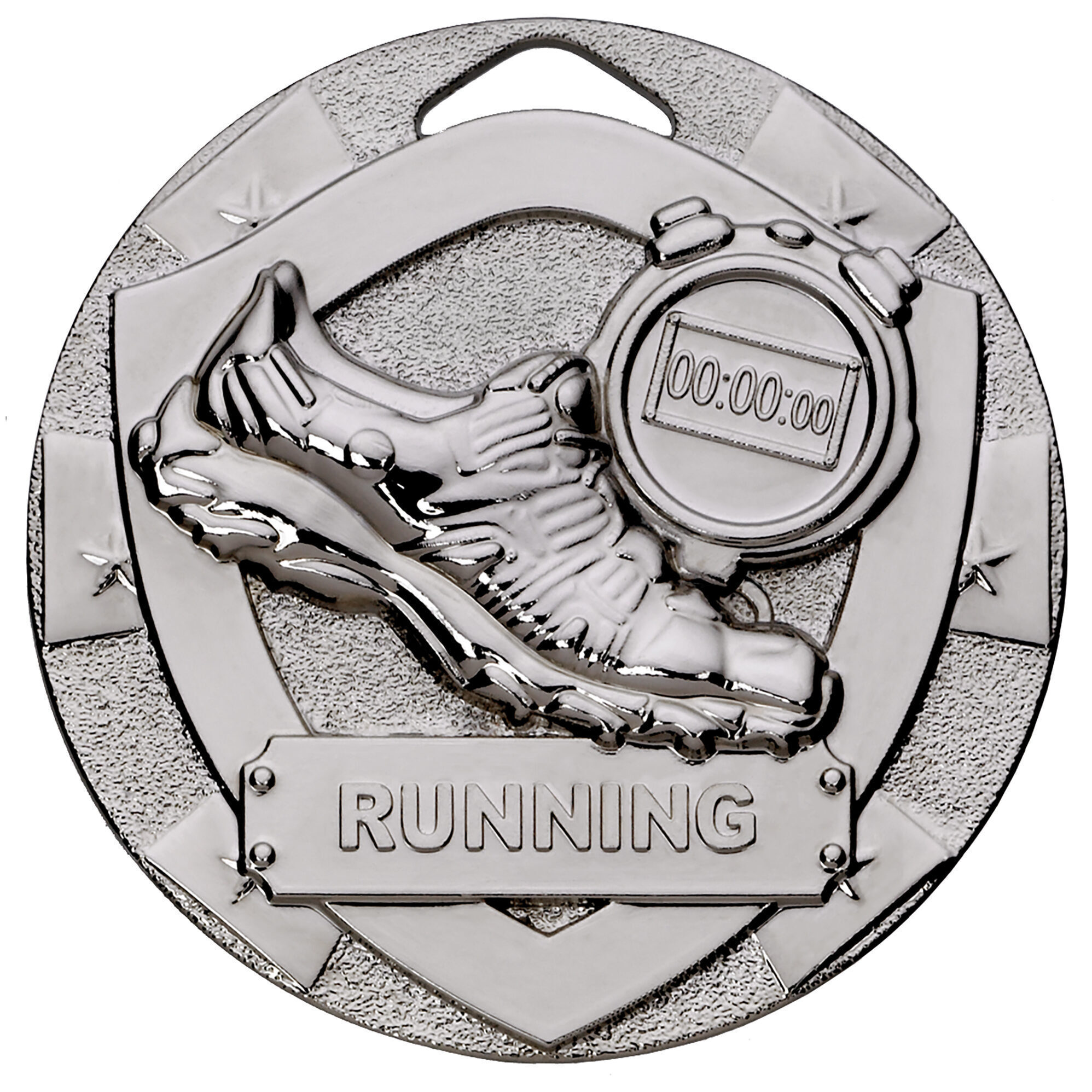 Silver 50mm running medal with raised relief design showing winged running shoe and digital stopwatch reading 00:00:00, featuring textured border and RUNNING text on decorative banner