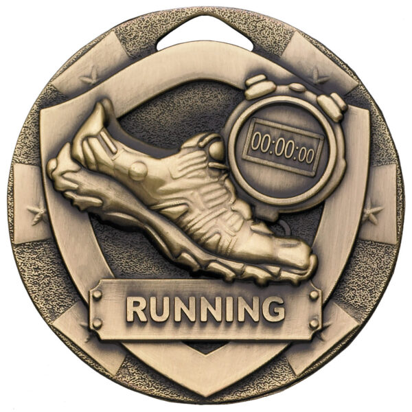 Bronze 50mm running medal with raised relief design showing winged running shoe and digital stopwatch reading 00:00:00, featuring textured border and RUNNING text on decorative banner