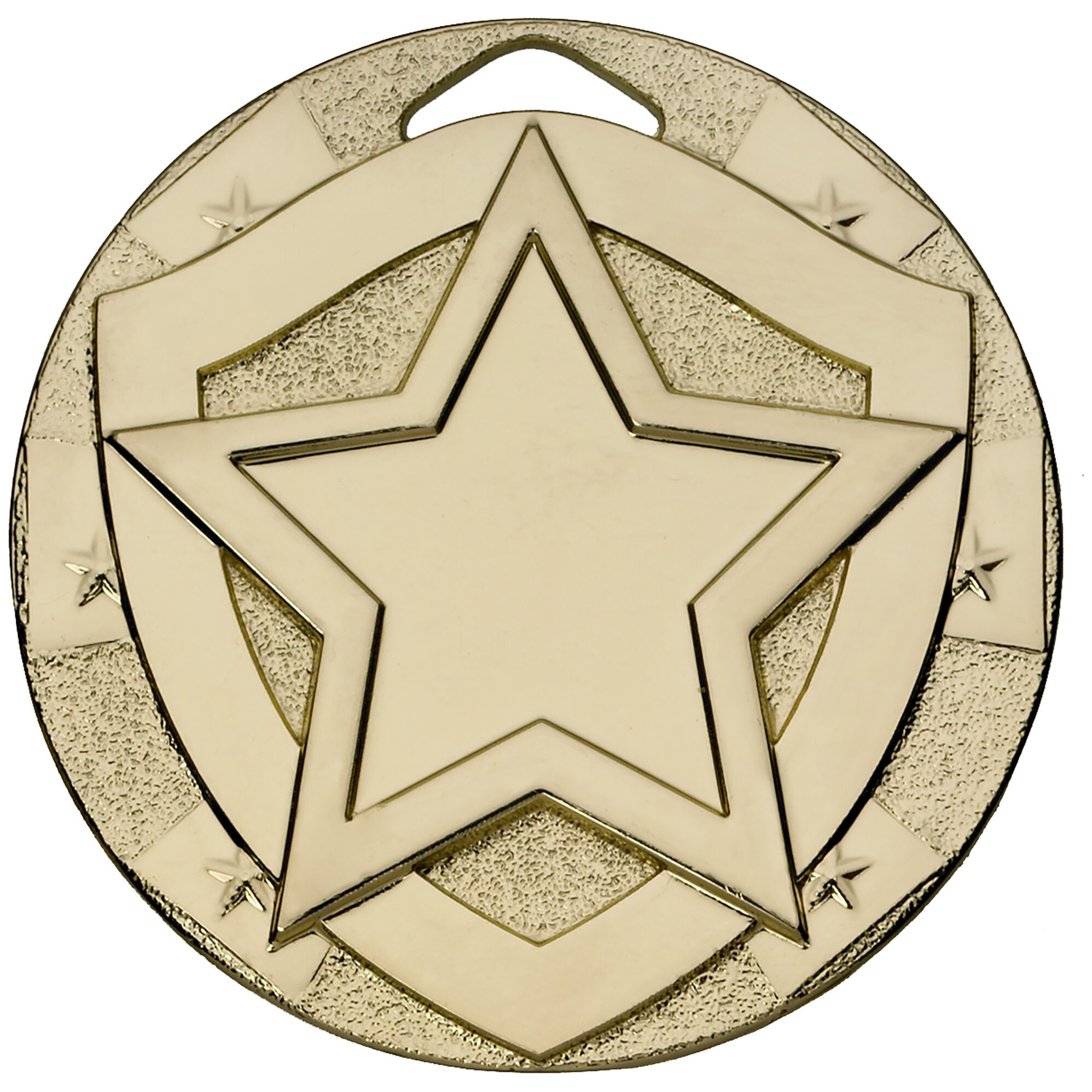 Gold 50mm star medal featuring large raised five-pointed star in centre with smaller decorative stars around textured border and integrated ribbon loop at top