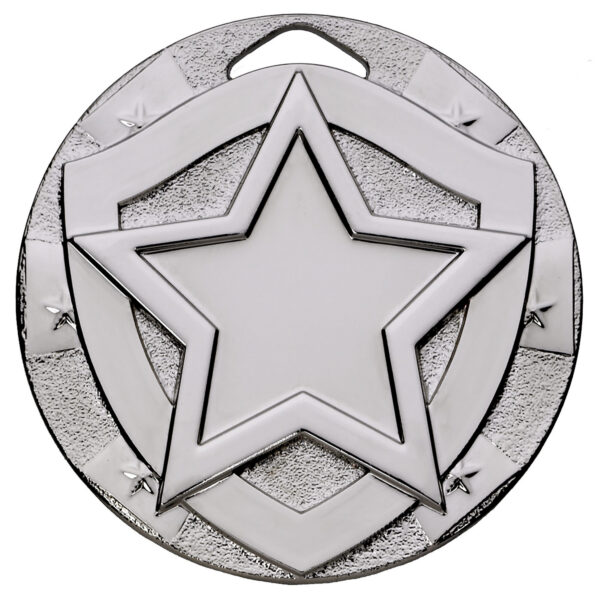 Silver 50mm star medal featuring large raised five-pointed star in centre with smaller decorative stars around textured border and integrated ribbon loop at top