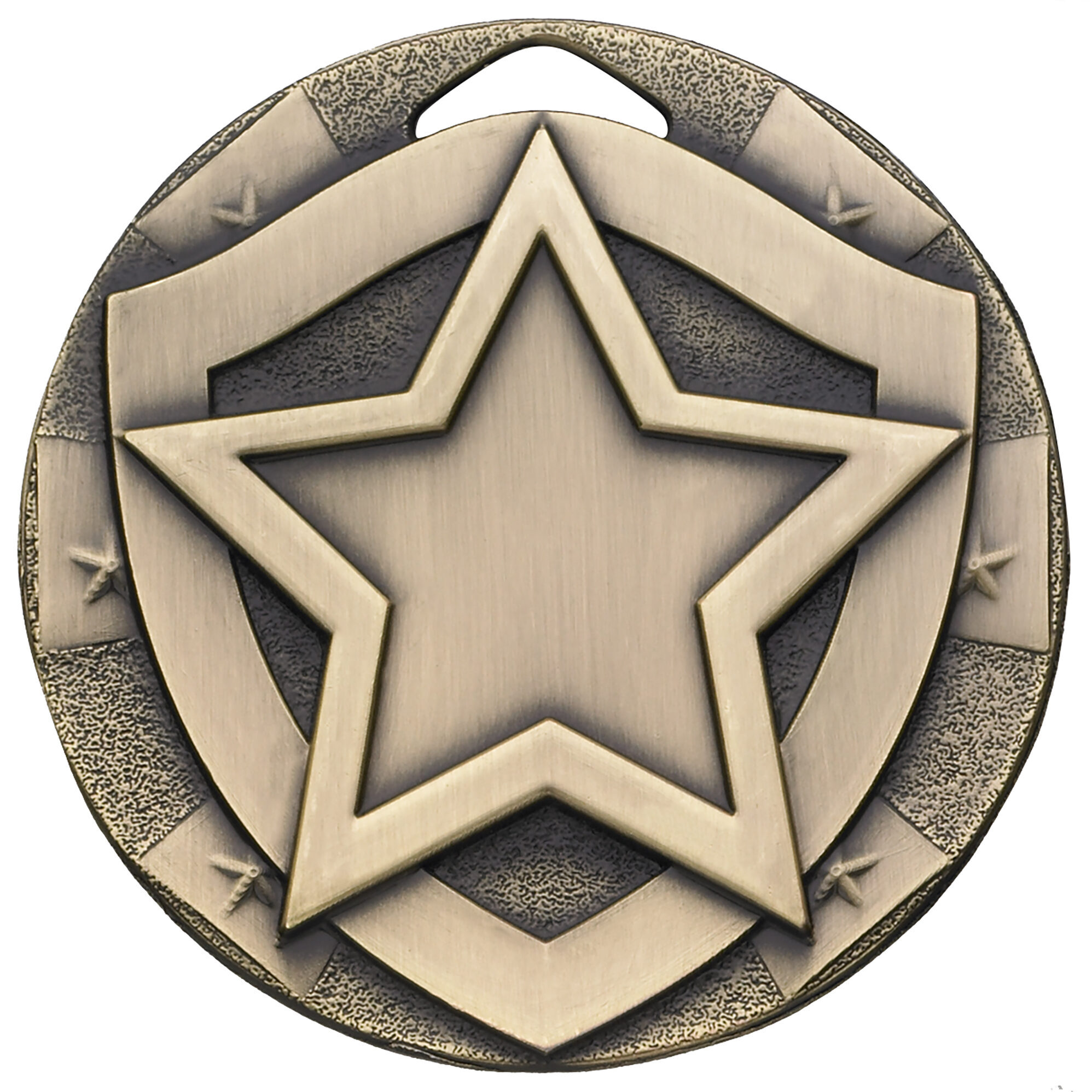 50mm star medal in antique bronze finish showing raised five-pointed star design with decorative border and small star accents around the rim