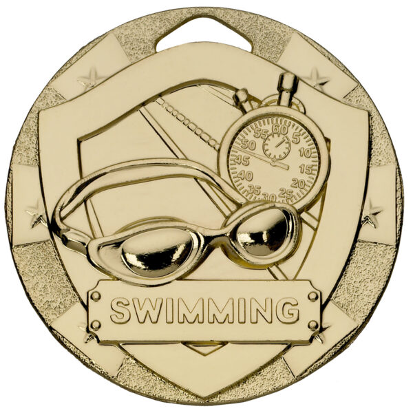 50mm swimming medal in bright gold finish featuring detailed swimming goggles, stopwatch with visible numbers, and swimming text on decorative plaque with star border accents
